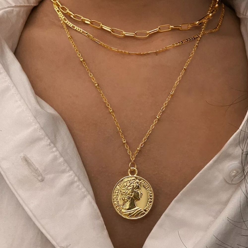 New 18K Gold Coin Pendant multilayer Chain Necklace